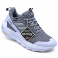 Gray trail sneaker with light sole and hanging product tag on white background