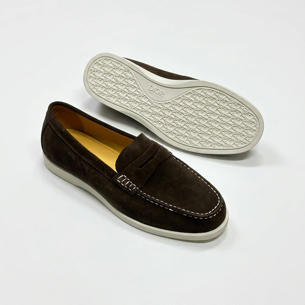 Dark brown penny loafers with contrast stitching and outsole view on white