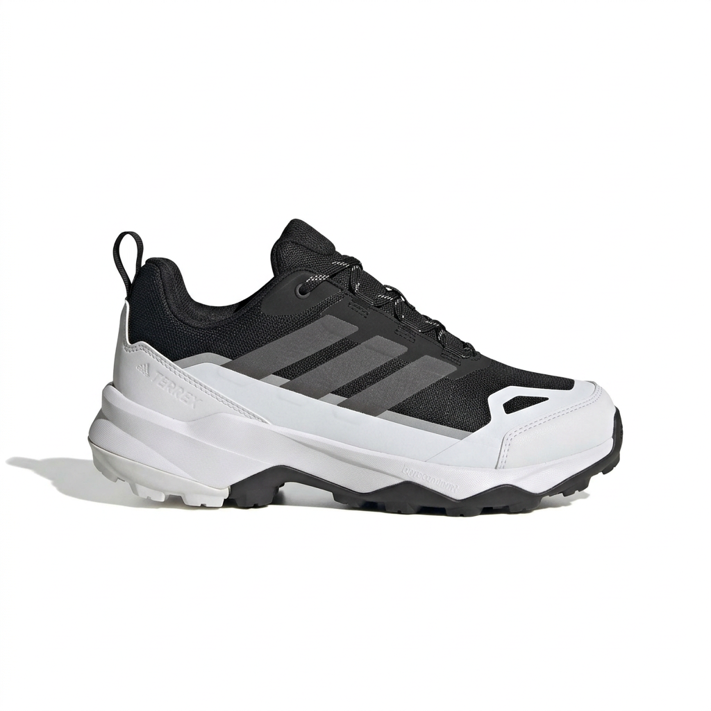 Black grey and white trail-style sneaker with white toe overlay and midsole on white