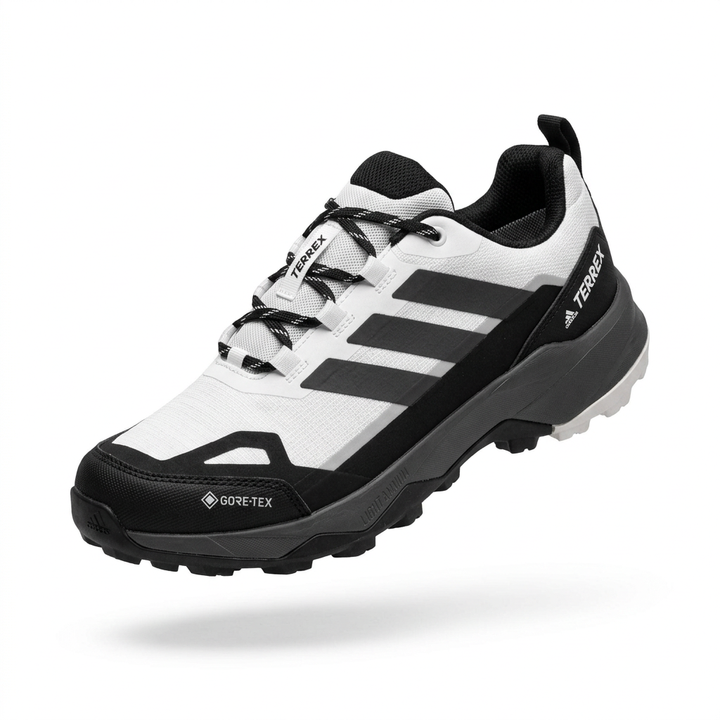White and black trail-style sneaker with black side stripes and dark sole on white