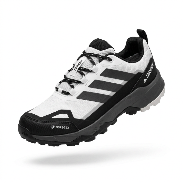 White and black trail-style sneaker with black side stripes and dark sole on white