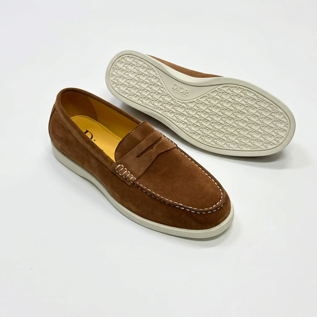 Tan penny loafers with yellow lining, contrast stitching and outsole view on white