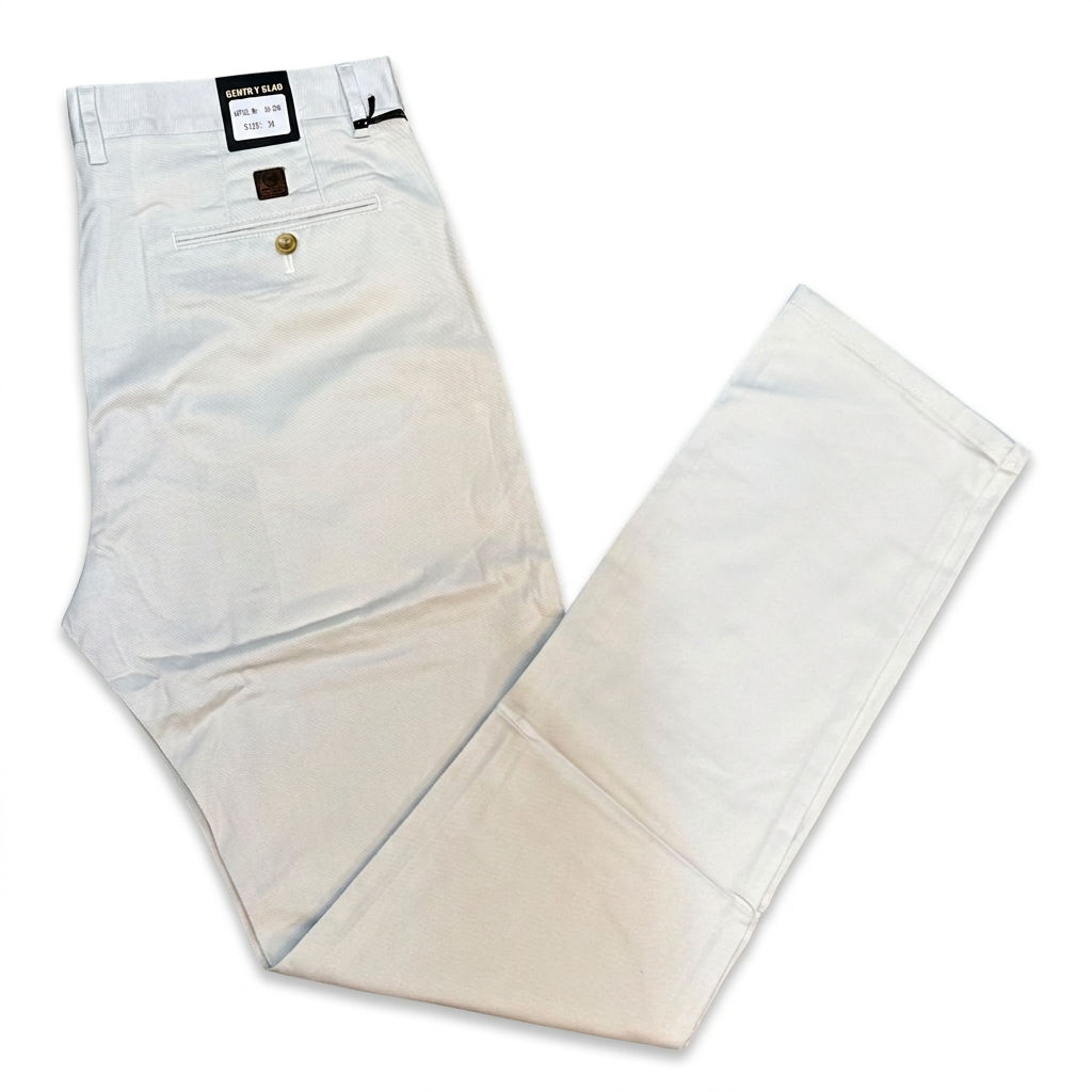 White men's khaki trousers with a buttoned back pocket on white