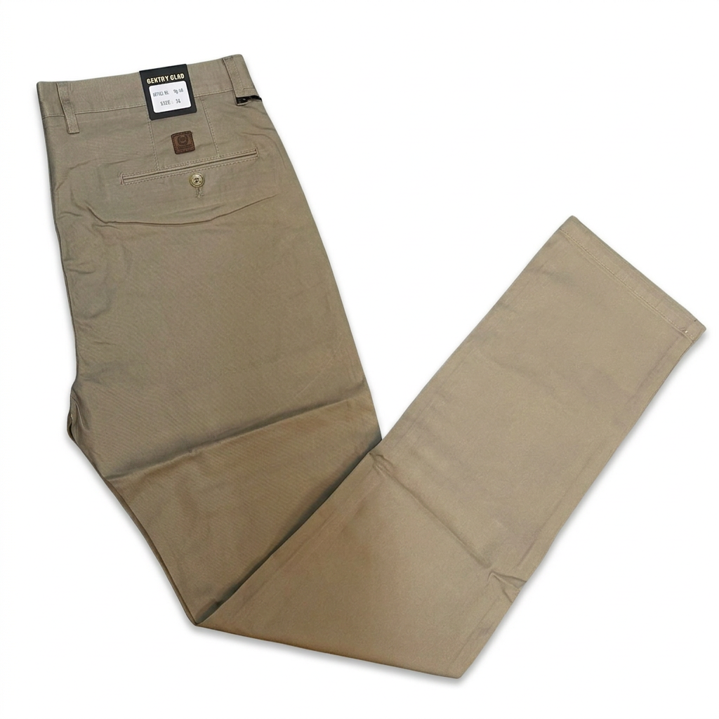 Taupe men's khaki trousers on a white background