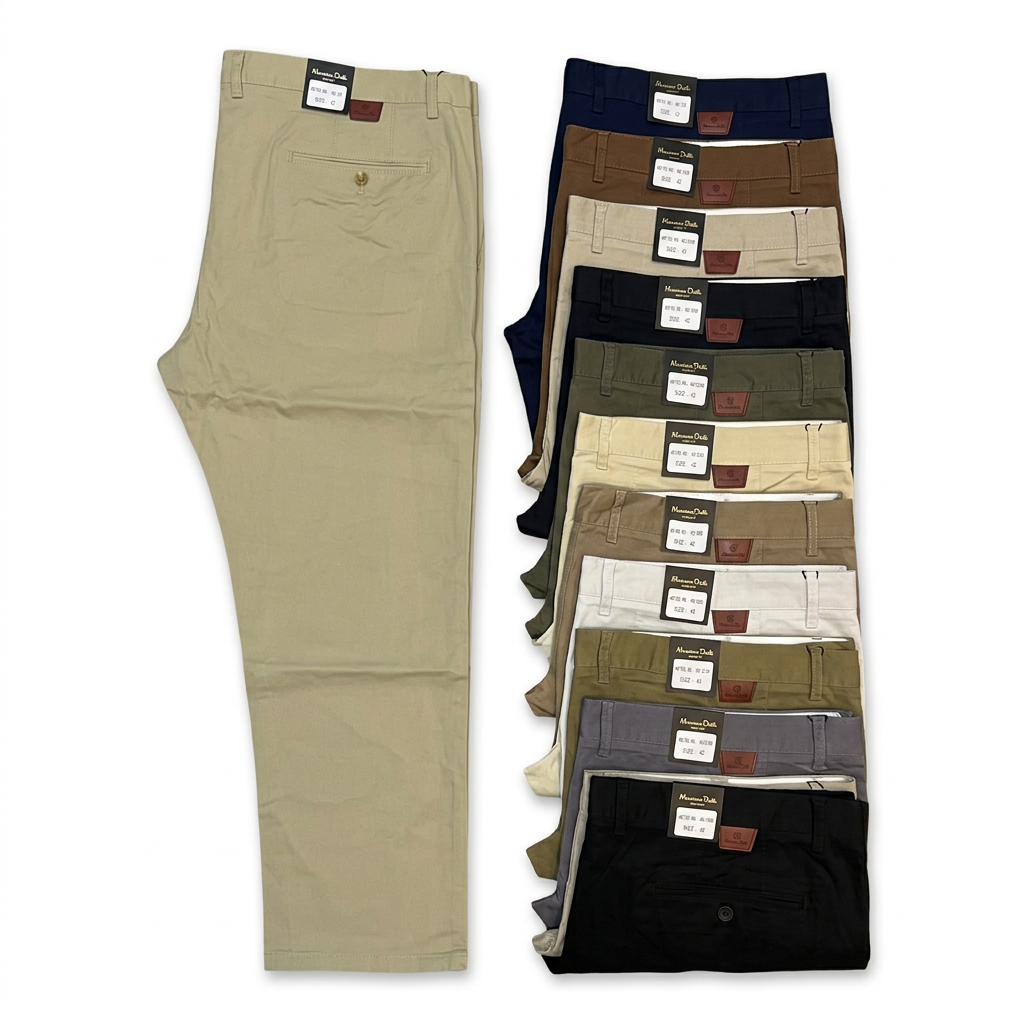 Men's khaki trousers assortment in neutral and dark colours on white