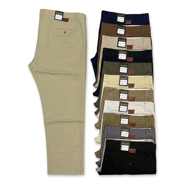 Men's khaki trousers assortment in neutral and dark colours on white