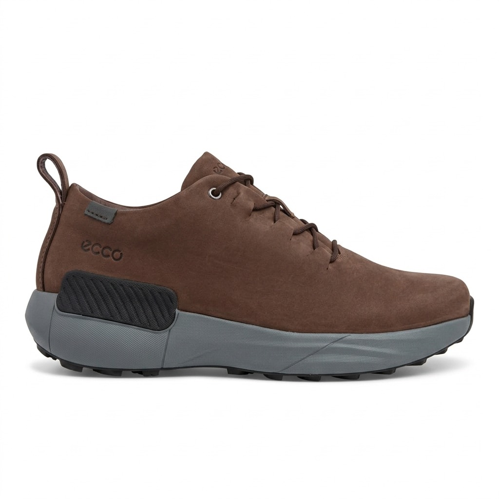 Dark brown lace-up casual shoe with grey sole and rear pull loop on white background