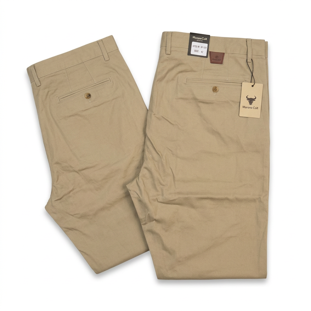 Beige men's khaki trousers with buttoned back pocket on white