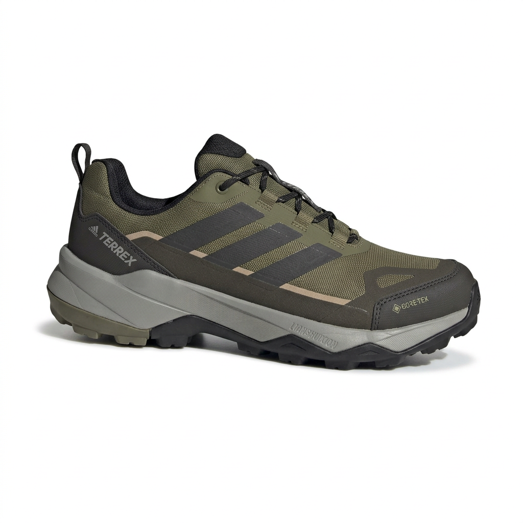 Olive and black trail-style lace-up sneaker with grey sole on white background