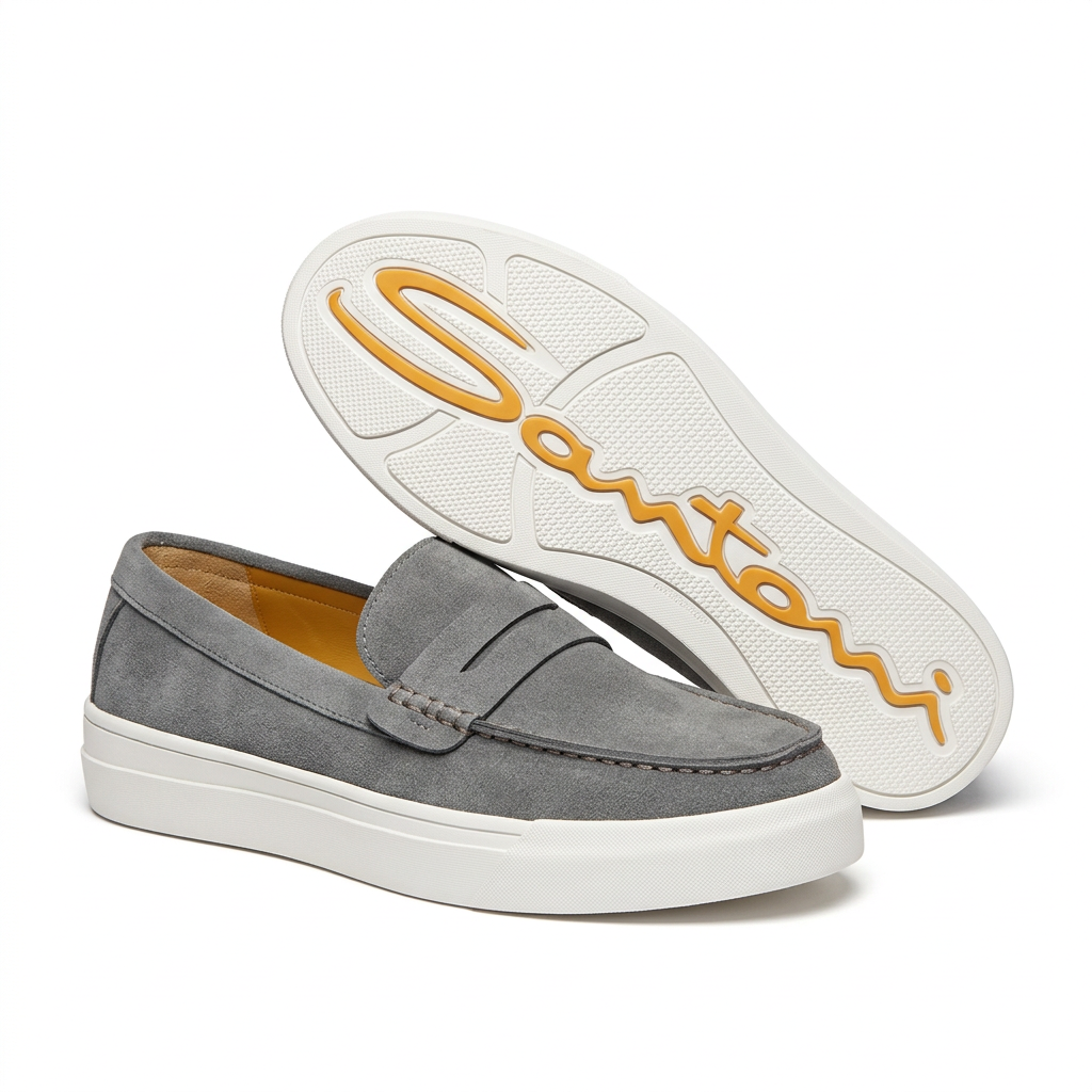 Grey penny loafer with white sole and matching outsole view on white