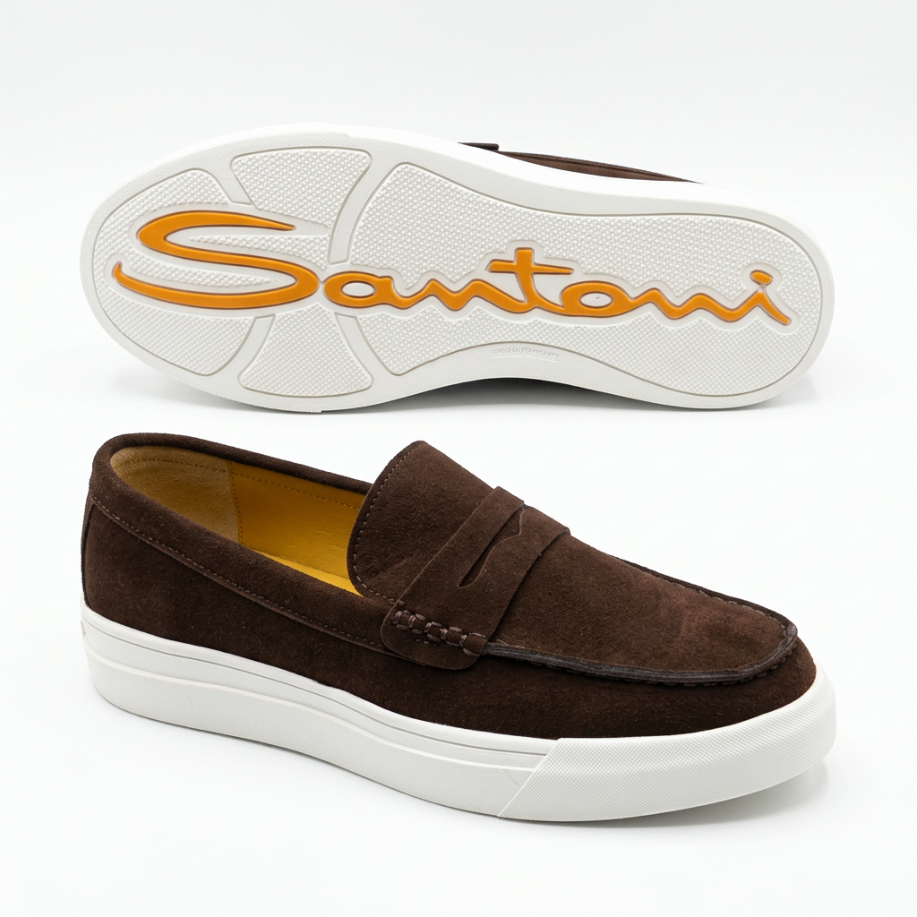 Brown penny loafer with white sole and matching outsole view on white
