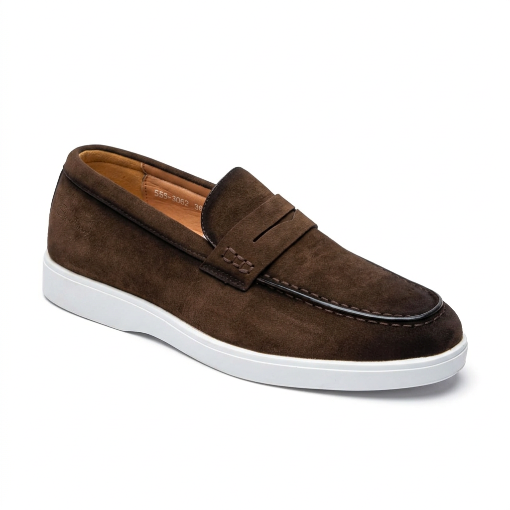 Dark brown men's penny loafer with stitched strap and white sole on white background