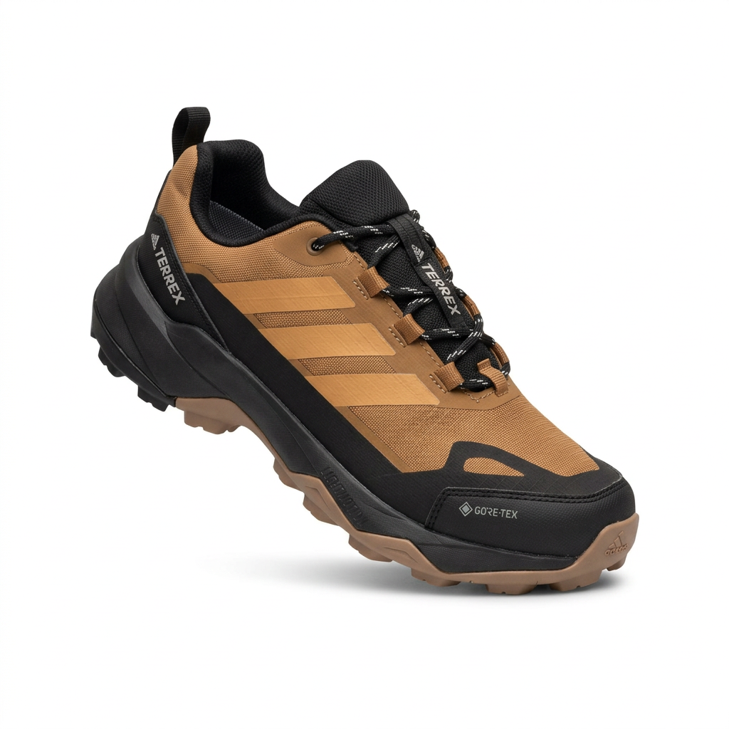 Tan and black trail-style lace-up sneaker with chunky tread sole on white