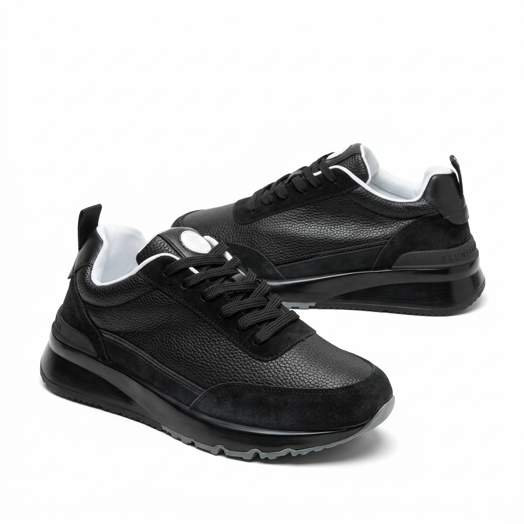 Black lace-up low-top sneakers with black chunky soles on white