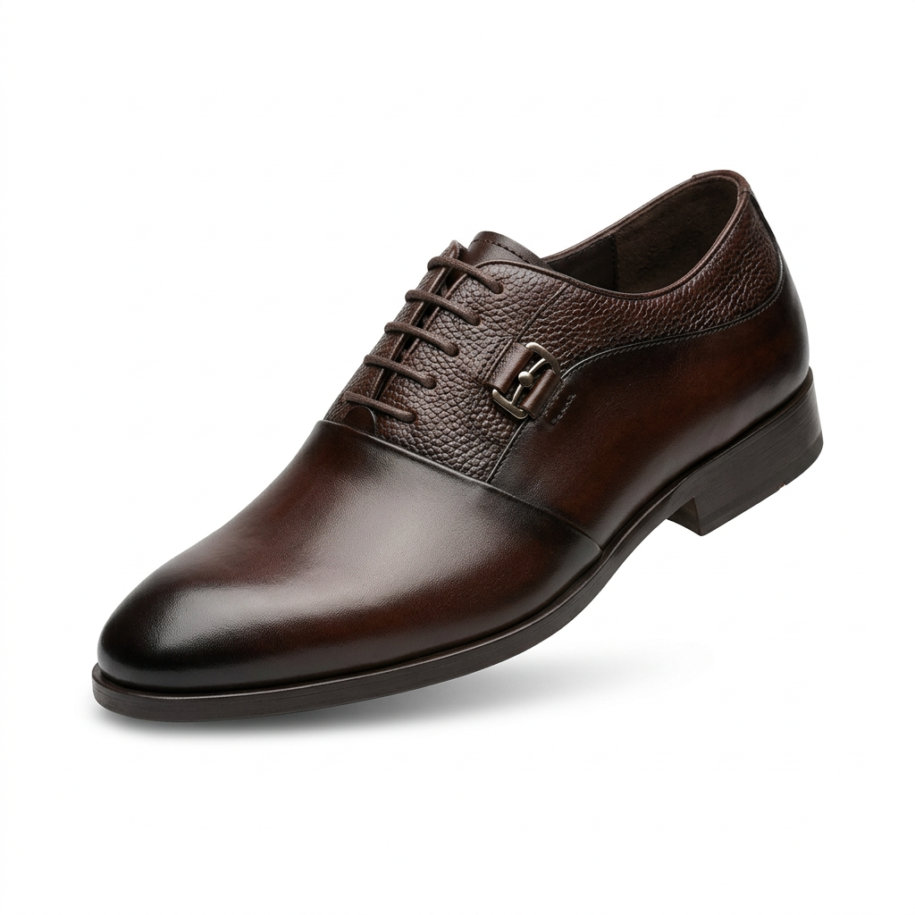 Brown formal lace-up shoe with textured panels and low heel on white