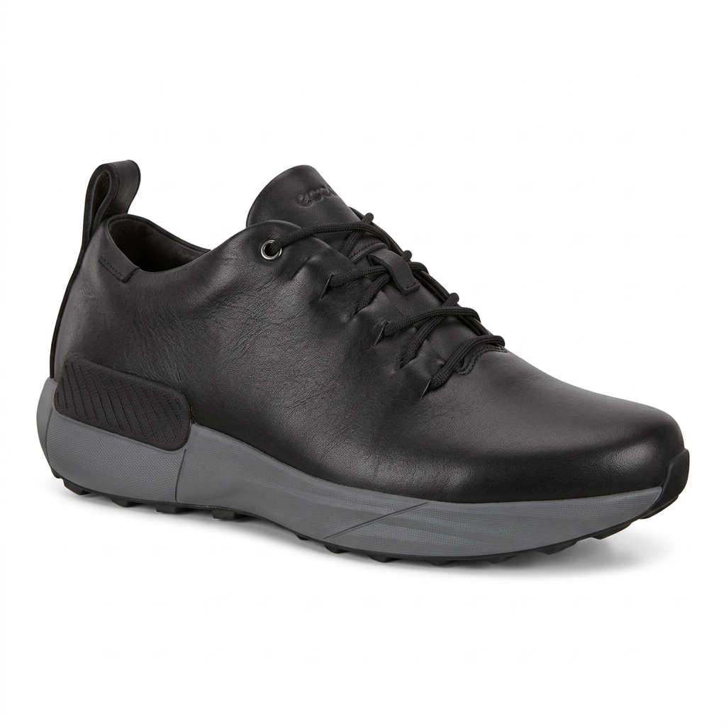 Black lace-up casual shoe with grey sole and rear pull loop on white background