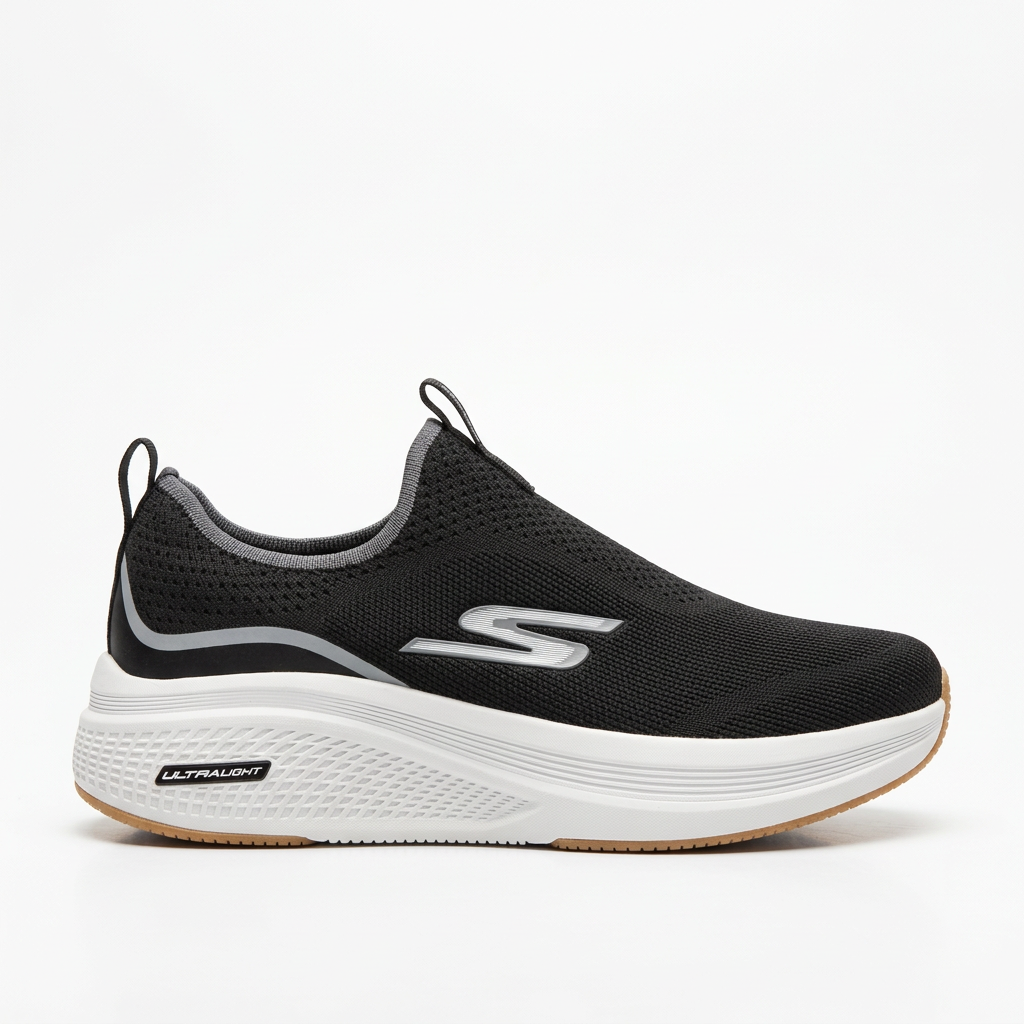 Black knit slip-on sneaker with silver-tone side emblem and chunky white sole on white background