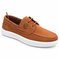 Tan lace-up boat shoe with stitched toe and white sole on white background