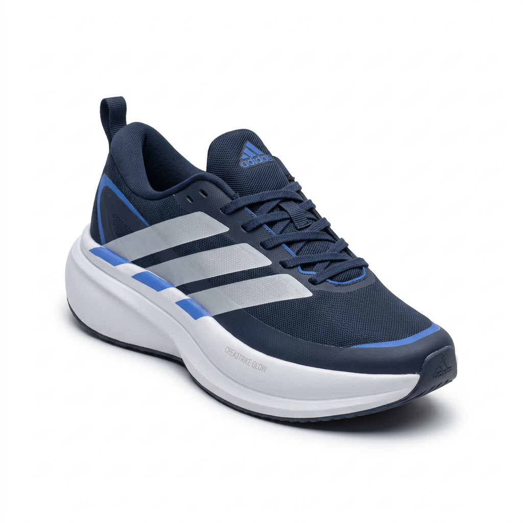 Navy lace-up sneaker with white side stripes, blue accents and white sole on white background
