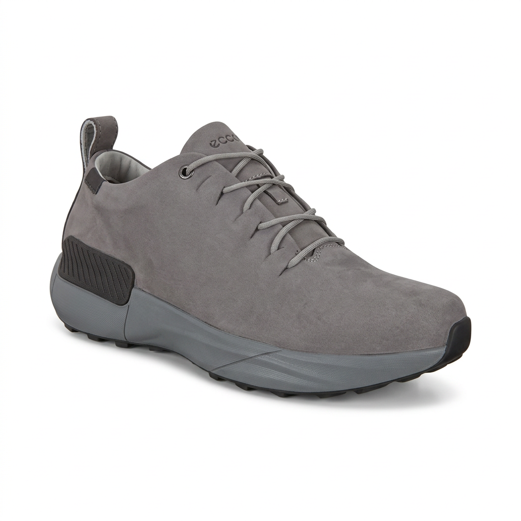 Grey lace-up casual shoe with chunky sole and rear pull loop on white background