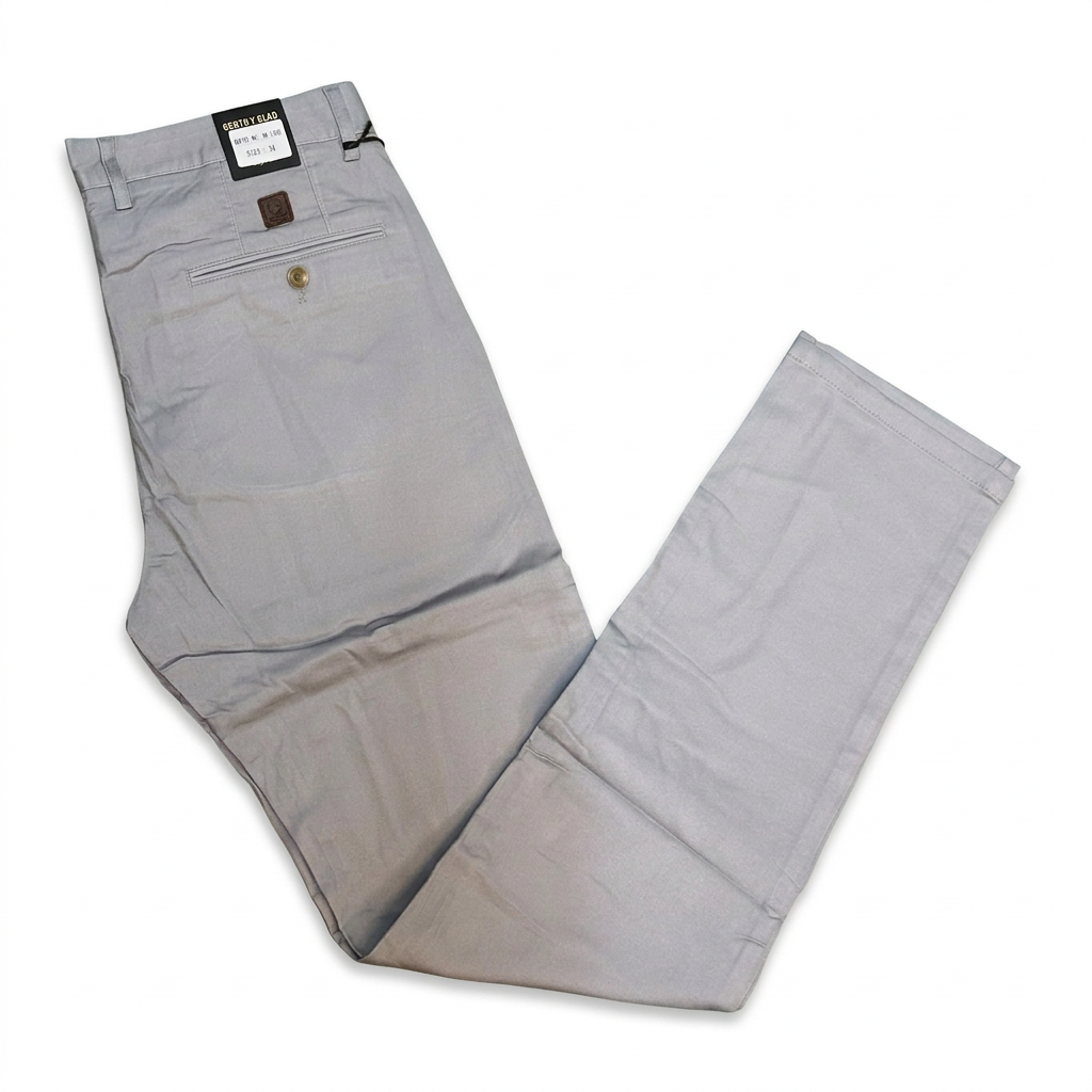 Light grey men's khaki trousers on white