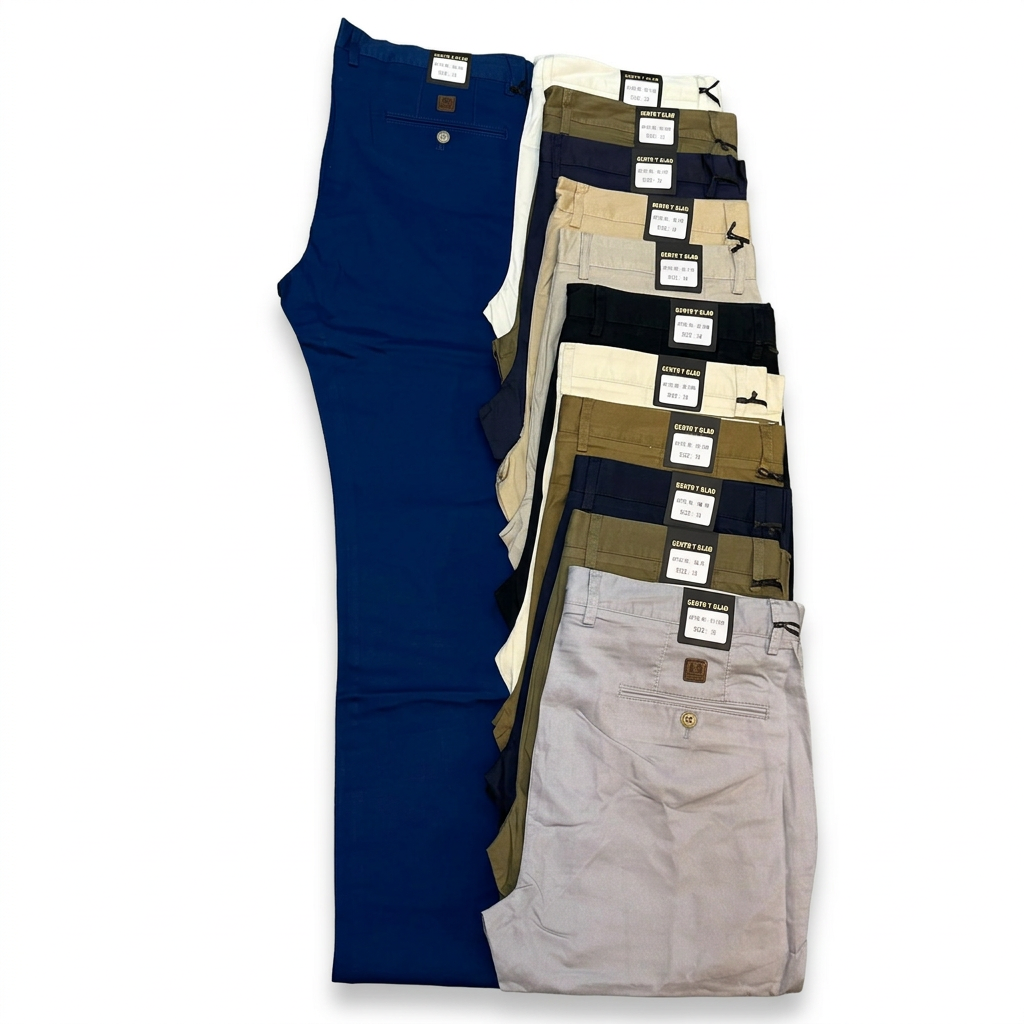 Men's khaki trousers assortment in blue and neutral colours on white