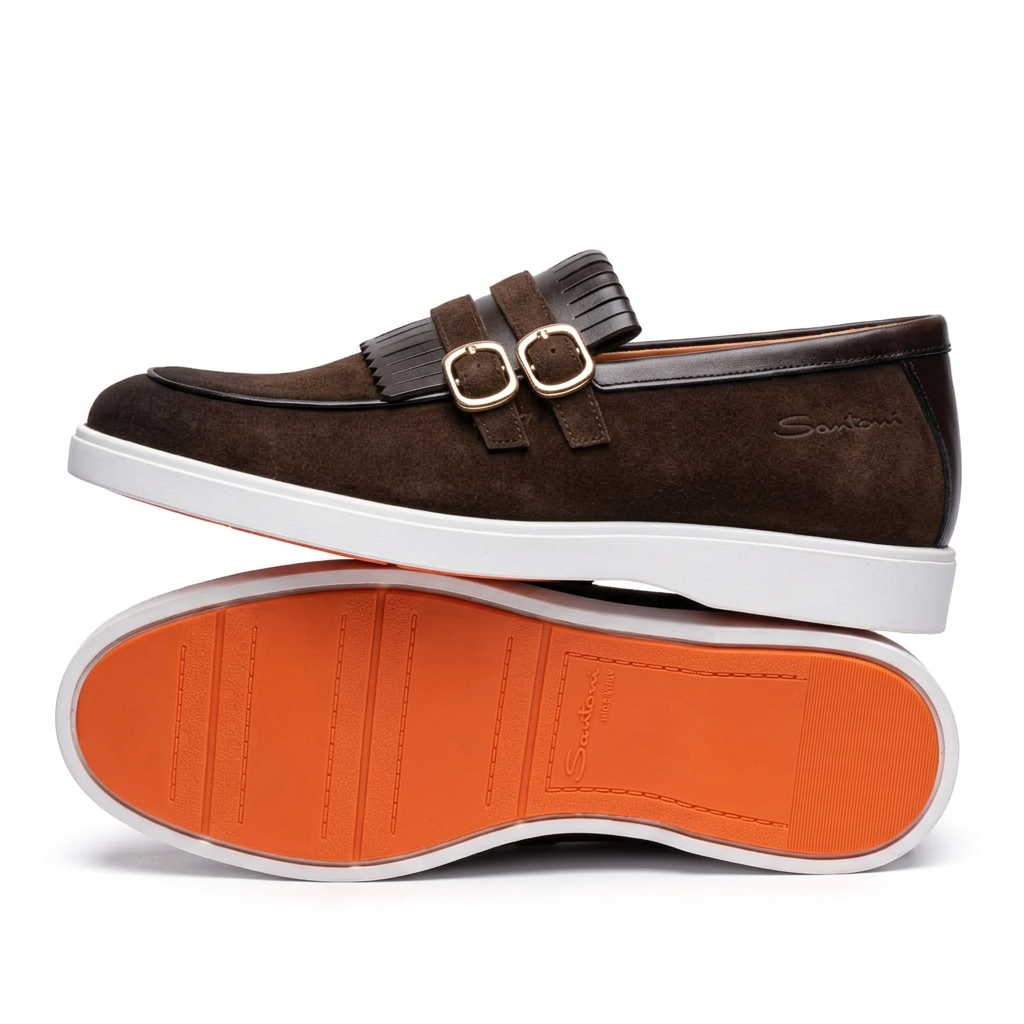 Dark brown double-buckle fringe loafer with white sole and orange outsole view on white