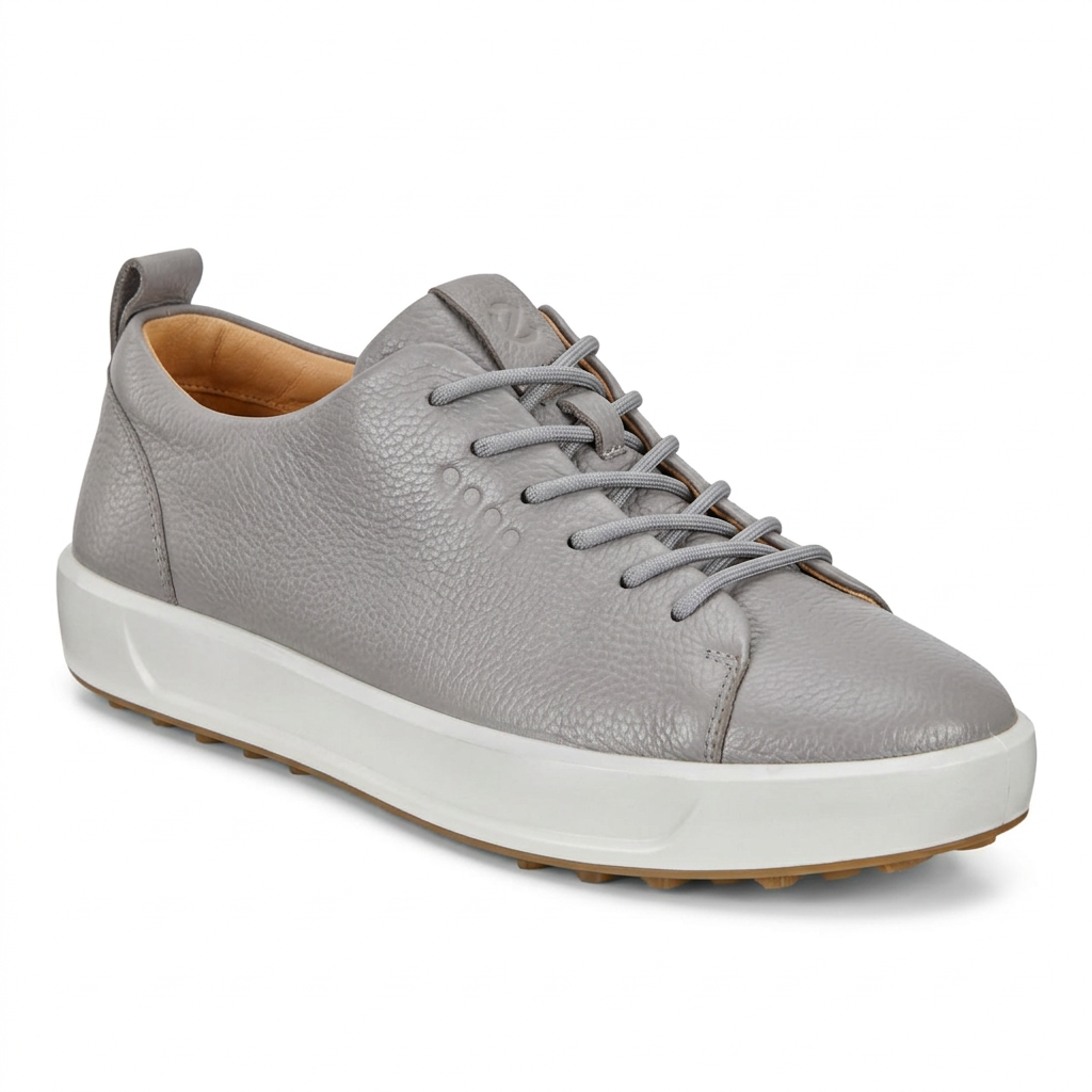 Light grey textured low-top lace-up sneaker with white sole on white background