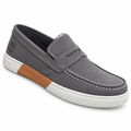 Grey slip-on moc-toe loafer with white sole and tan side accent on white background