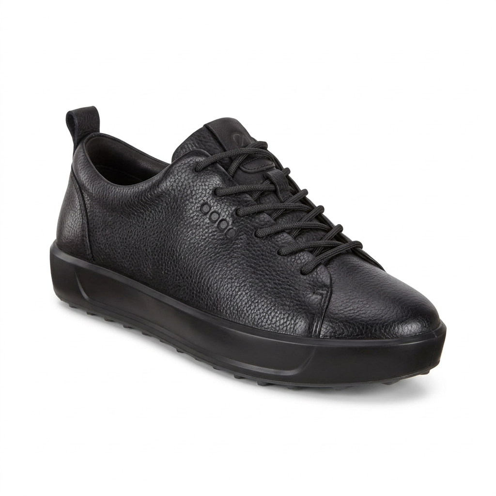 All-black textured low-top lace-up sneaker with black sole on white background