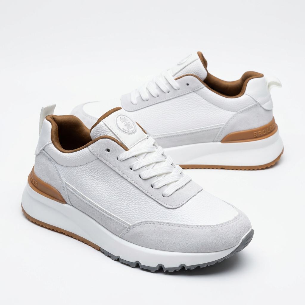 White lace-up sneakers with light grey panels and tan heel accents on white