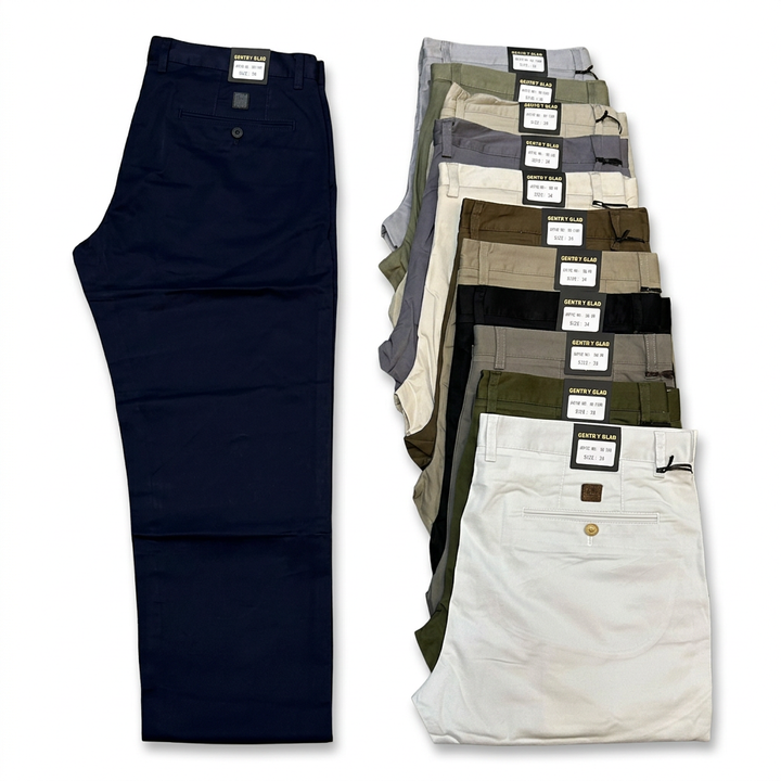 Men's khaki trousers assortment in neutral and dark colours on white
