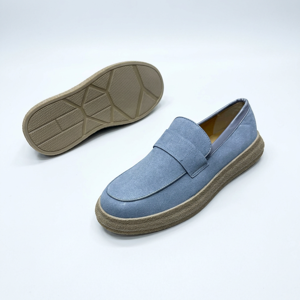 Light blue slip-on loafer with tan textured sole and outsole view on white