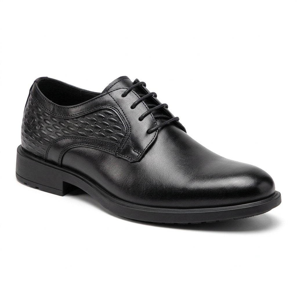 Black formal lace-up shoe with textured side panels and low heel on white